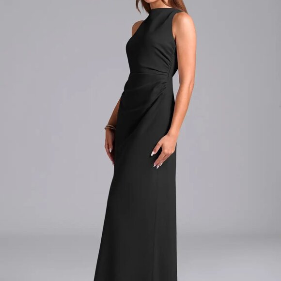 Azazie Evadne  Black Sheath Pleated Chiffon Dress - Picture 3 of 3